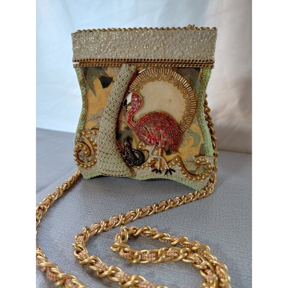 Mary Frances Beaded Handbag Flamingo Palm Tree Alligator Hard Shell Cross Body - Picture 1 of 16